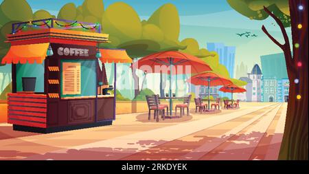 Cafe stall and tables under umbrellas on park alley. Vector cartoon illustration of urban street coffee shop decorated with garlands, outdoor seats in Stock Vector