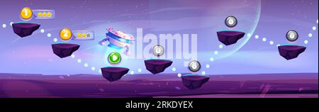 Arcade game progress map on space background. Vector cartoon illustration of alien aircraft traveling between floating islands to collect bonus points Stock Vektor