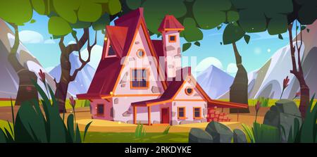 Old house in forest at foot of mountains. Vector cartoon illustration of cozy cottage with wooden porch and red roof in beautiful valley with tall tre Stock Vektor