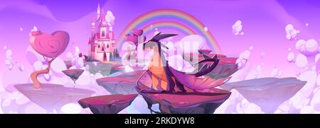 Fantasy Castle auf schwimmender Insel und magische Drachen-Märchenspiel-Illustration. Pinkfarbenes mittelalterliches Prinzessinnen-Haus im Himmelreich mit Wolken und fliegenden Felsen Stock Vektor
