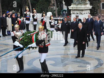 Bildnummer: 55038439  Datum: 17.03.2011  Copyright: imago/Xinhua (110317) -- ROME, March 17, 2011 (Xinhua) -- Italian President Giorgio Napolitano (4th R), Prime Minister Silvio Berlusconi (6th R), Senate leader Renato Schifani (3rd R), House Speaker Gianfranco Fini (1st R) and Defense Minister Ignazio La Russa (7th R) march as soldiers carry a wreath to the Tomb of the Unknown Soldiers during a ceremony marking the 150th anniversary of Italy s unification, at the Altar of the Fatherland in Rome, on March 17, 2011. (Xinhua/Wang Qingqin) ITALY-ROME-UNIFICATION-CELEBRATION PUBLICATIONxNOTxINxCHN Stock Photo