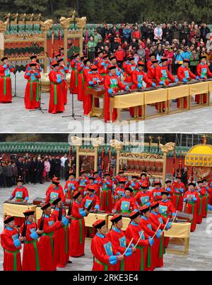 Bildnummer: 55045920  Datum: 20.03.2011  Copyright: imago/Xinhua (110320) -- BEIJING, March 20, 2011 (Xinhua) -- The combined photo shows a performance presenting the ancient royal sun worship ceremony of the Qing Dynasty (1644-1911), in the Ritan Park (Temple of the Sun) in Beijing, capital of China, March 20, 2011. The performance, which is adapted according to historical literature of the Qing Dynasty, consists of three parts. (Xinhua/Gong Lei)(mcg) CHINA-BEIJING-RITAN PARK-WORSHIP PERFORMANCE (CN) PUBLICATIONxNOTxINxCHN Gesellschaft kbdig xcb 2011 hoch  o0 Tradition Kostüme Totale    Bildn Stock Photo