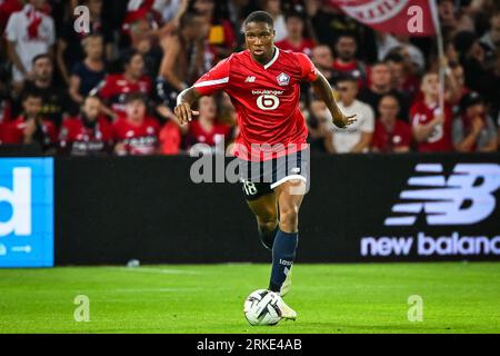 Lille, Frankreich. August 2023. Bafode Diakite von Lille während des Spiels der UEFA Europa Conference League zwischen Lille Olympique Sporting Club und HNK Rijeka spielte am 24. August 2023 im Stade Pierre-Mauroy in Lille, Frankreich. (Foto: Matthieu Mirville/PRESSINPHOTO) Credit: PRESSINPHOTO SPORTS AGENCY/Alamy Live News Stockfoto