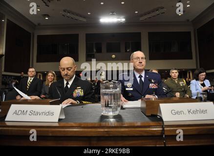 Bildnummer: 55139453 Datum: 29.03.2011 Copyright: imago/Xinhua (110329) -- WASHINGTON D.C., 29. März 2011 (Xinhua) -- Admiral James Stavridis (L), Commander, U.S. European Command/Supreme Allied Commander, Europe, und General Robert Kehler, Kommandant des US-strategischen Kommandos, sagte vor dem Senate Armed Services Committee während einer Anhörung zur Überprüfung des Defense Authorization Request for Fiscal Year 2012 und des Future Years Defense Program auf dem Capitol Hill in Washington D.C., Hauptstadt der Vereinigten Staaten, am 29. März 2011 aus. (Xinhua/Zhang Jun) (wjd) US-WASHINGTON-DEFENSE AUTHORIZATION-HEA Stockfoto