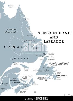 Newfoundland and Labrador, gray political map. Province of Canada, in the Atlantic region. With capital St. Johns, Newfoundland and Labrador.