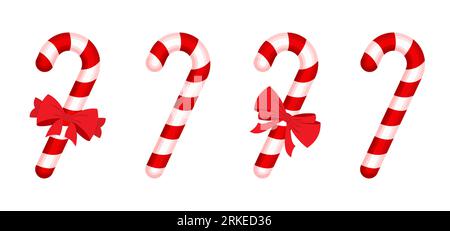 Weihnachten Zuckerrohr Geschenk Bogen Cartoon Flat Set. Weiße rote Linie traditionelle Lutscher Zucker Karamell Dessert Weihnachten Neujahr Geschenk Ornament Dekoration gestreifte Süßigkeiten Symbol isoliert weißen Hintergrund Stock Vektor