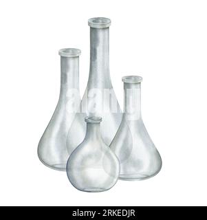 Set aus Glasgefäß, Vase. Aquarellhandgezeichneter Clipart isoliert auf weißem Hintergrund. Becherset für biologische und medizinische Experimente. Handgefertigt Stockfoto