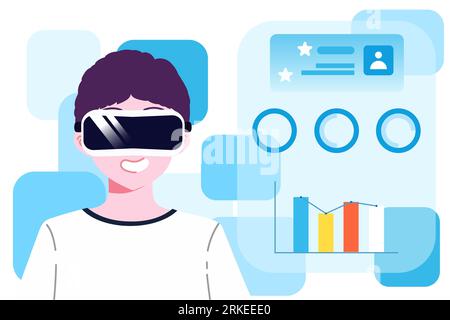 Ein junger Mann, der ein Virtual-Reality-Headset trägt und die 3D-Welt der futuristischen Benutzeroberfläche erlebt. Junge Menschen gehen in die virtuelle Simulation. Stockfoto