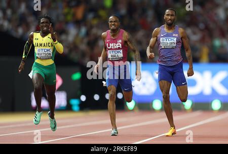 Budapest, Hungary. 24th Aug, 2023. Antonio Watson (L) of Jamaica, Quincy Hall (C) of the United States and Matthew Hudson-Smith of Britain compete during the Men's 400m Final of the World Athletics Championships Budapest 2023 in Budapest, Hungary, Aug. 24, 2023. Credit: Li Ming/Xinhua/Alamy Live News Stock Photo