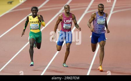 Budapest, Hungary. 24th Aug, 2023. Antonio Watson (L) of Jamaica, Quincy Hall (C) of the United States and Matthew Hudson-Smith of Britain compete during the Men's 400m Final of the World Athletics Championships Budapest 2023 in Budapest, Hungary, Aug. 24, 2023. Credit: Li Ying/Xinhua/Alamy Live News Stock Photo