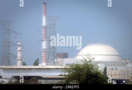 110409 -- TEHRAN, April 9, 2011 Xinhua -- Photo taken on Aug. 20, 2010 shows a view of the Bushehr nuclear power plant in southern Iran. Iranian Foreign Minister Ali-Akbar Salehi confirmed Saturday that fuel is being reloaded in the Bushehr nuclear plant, saying the reactor of the plant will reach the critical phase between May 5 and May 10. Xinhua/Ahmad Halabisaz zw IRAN-BUSHEHR NUCLEAR POWER-FUEL RELOAD-FILE PUBLICATIONxNOTxINxCHN Stock Photo