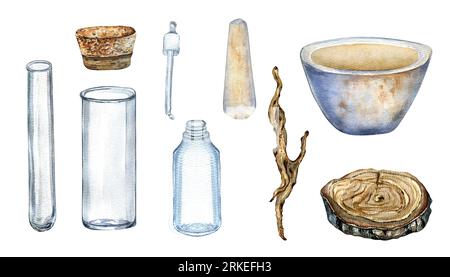 Set aus Glaskolben, transparent mit Kork, schmale Aquarellillustration isoliert auf weiß. Leere Flasche, Laborbecher, Mörtel, Holzständer von Hand gezeichnet Stockfoto