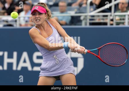 New York, New York, USA. 24th Aug, 2023. Fiona Crawley of USA returns ball during 2nd round match against Timea Babos of Hungary of qualifying for US Open Championships at Billy Jean King Tennis Center in New York. Crawley won in three sets. (Credit Image: © Lev Radin/Pacific Press via ZUMA Press Wire) EDITORIAL USAGE ONLY! Not for Commercial USAGE! Stock Photo