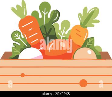 Hand Drawn fruits and vegetables in boxes in flat style isolated on background Stock Vector