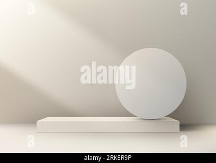 3D realistic beige podium mockup is perfect for showcasing your products in a minimalist style. The podium is set on a simple beige background, making Stock Vector