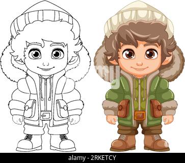 Vector cartoon character wearing puffer jacket, beanie hat, and boots Stock Vector