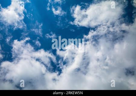 Weiße Stratocumulus-Wolken vor blauem Himmel an einem sonnigen Tag in Südengland. Stockfoto