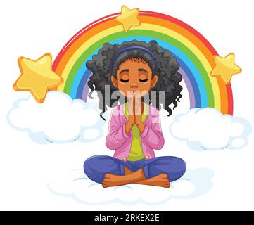 Religious woman meditating on a serene rainbow sky Stock Vector