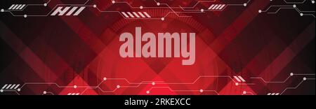 Abstract dark red hi-tech futuristic web header banner. Vector geometric background design with HUD gear and circuit board Stock Vector