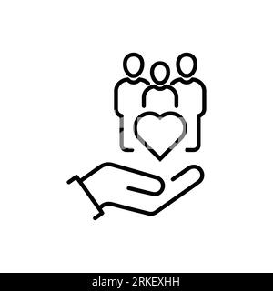 hand with heart community, icon, concept empathy or charity, solidarity love, care people, volunteer support, thin line symbol on white background - e Stock Vector