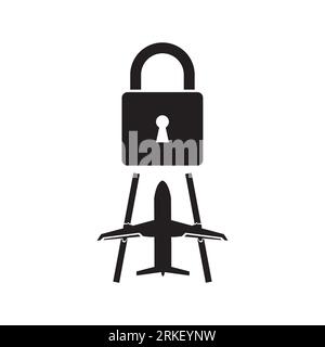 Air travel in the time of COVID-19. Lockdown icon. Padlock on the runway. Airliner. Plane. Vector icon isolated on white background. Stock Vector