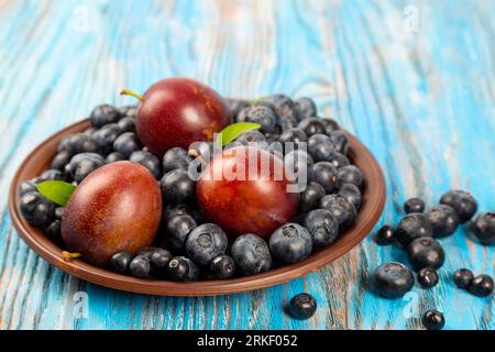 Frische Blaubeeren und Pflaumen auf einem braunen Teller auf blauem Holzgrund Stockfoto