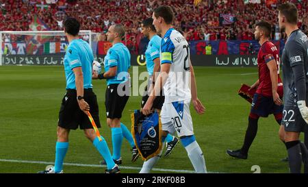 Pamplona, Spanien. August 2023. Sport. Fußball/Fußball.das erste Spiel der Qualifikation der UEFA Europa Conference League zwischen CA Osasuna und Club Brugge fand am 24. August 2023 im El Sadar Stadion in Pamplona (Spanien) statt. Credit: Inigo Alzugaray/CordonPress Credit: CORDON PRESS/Alamy Live News Stockfoto