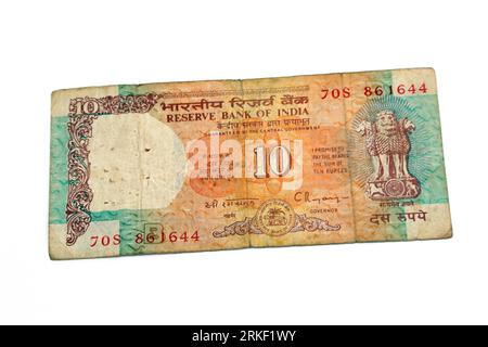 Reserve Bank of India Lion Capital Series Banknotes II - 10 Rupees Issued Obverse Side Showing the Lion Capitol of Ashoka Stock Photo