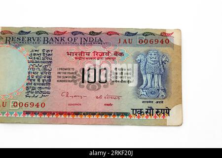 Reserve Bank of India Lion Capital Series Banknotenserie II - One Hundred Rupees Emission 1975 -1995 Vorderseite mit dem Lion Capitol von Ashoka Stockfoto