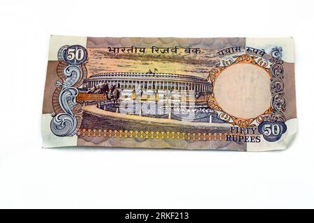 Reserve Bank of India Lion Capital Series Banknotes II - Fifty Rupees Issued 1981 -1995 Reverse Side Showing Parliament House Stock Photo