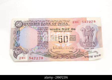 Reserve Bank of India Lion Capital Series Banknotenserie II - Fifty Rupees ausgegeben 1981 -1995 Vorderseite mit dem Lion Capitol von Ashoka Stockfoto