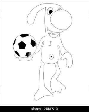 Ausmalseite Umriss eines Zeichentrickjungen mit einem Fußballball mit Hund. Fußball. Malbuch für Kinder. Karikaturillustration eines Fußballhundes Stock Vektor