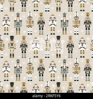 Seamless Christmas Pattern with Nutcrackers in Vector in beige. Stock Vector