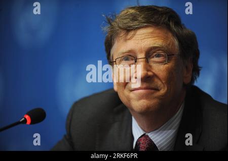 (110517) -- GENF, 17. Mai 2011 (Xinhua) -- Bill Gates, der Ko-Vorsitzende der Bill&Melinda Gates Foundation, spricht auf einer Pressekonferenz nach der Keynote während des 64. Weltgesundheitsversammelns in Genf, Schweiz, 17. Mai 2011. Bill Gates forderte die Gesundheitsminister und die weltweit führenden Gesundheitsminister auf, Impfstoffe zu ihrer obersten Priorität zu machen, um Millionen von Leben zu retten. (Xinhua/Yu Yang)(zcc) SCHWEIZ-GENF-WHA-BILL GATES PUBLICATIONxNOTxINxCHN Genf 17. Mai 2011 XINHUA Bill Gates der Co-Vorsitzende der Gates-Stiftung spricht AUF einer Pressekonferenz nach der Keynote-Rede während T Stockfoto