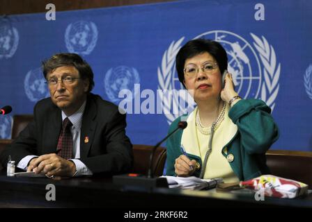 (110517) -- GENF, 17. Mai 2011 (Xinhua) -- Bill Gates (L), der Ko-Vorsitzende der Bill&Melinda Gates Foundation, und Dr. Margaret Chan, die Generaldirektorin der Weltgesundheitsorganisation, nehmen an einer Pressekonferenz während der 64. Weltgesundheitsversammlung in Genf, Schweiz, 17. Mai 2011, Teil. Bill Gates forderte die Gesundheitsminister und die weltweit führenden Gesundheitsminister auf, Impfstoffe zu ihrer obersten Priorität zu machen, um Millionen von Leben zu retten. (Xinhua/Yu Yang)(zcc) SCHWEIZ-GENF-WHA-BILL Gates PUBLICATIONxNOTxINxCHN Genf 17. Mai 2011 XINHUA Bill Gates l der Co-Vorsitzende der Gates Foundation und Dr. Margaret Stockfoto