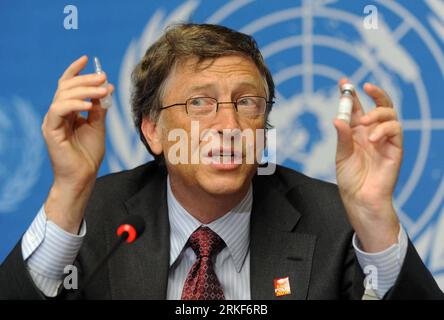 (110517) -- GENF, 17. Mai 2011 (Xinhua) -- Bill Gates, der Ko-Vorsitzende der Bill&Melinda Gates Foundation, spricht auf einer Pressekonferenz nach der Keynote während des 64. Weltgesundheitsversammelns in Genf, Schweiz, 17. Mai 2011. Bill Gates forderte die Gesundheitsminister und die weltweit führenden Gesundheitsminister auf, Impfstoffe zu ihrer obersten Priorität zu machen, um Millionen von Leben zu retten. (Xinhua/Yu Yang)(zcc) SCHWEIZ-GENF-WHA-BILL GATES PUBLICATIONxNOTxINxCHN Genf 17. Mai 2011 XINHUA Bill Gates der Co-Vorsitzende der Gates-Stiftung spricht AUF einer Pressekonferenz nach der Keynote-Rede während T Stockfoto