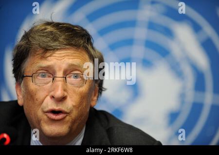 (110517) -- GENF, 17. Mai 2011 (Xinhua) -- Bill Gates, der Ko-Vorsitzende der Bill&Melinda Gates Foundation, spricht auf einer Pressekonferenz nach der Keynote während des 64. Weltgesundheitsversammelns in Genf, Schweiz, 17. Mai 2011. Bill Gates forderte die Gesundheitsminister und die weltweit führenden Gesundheitsminister auf, Impfstoffe zu ihrer obersten Priorität zu machen, um Millionen von Leben zu retten. (Xinhua/Yu Yang)(zcc) SCHWEIZ-GENF-WHA-BILL GATES PUBLICATIONxNOTxINxCHN Genf 17. Mai 2011 XINHUA Bill Gates der Co-Vorsitzende der Gates-Stiftung spricht AUF einer Pressekonferenz nach der Keynote-Rede während T Stockfoto