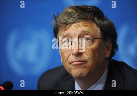 (110517) -- GENF, 17. Mai 2011 (Xinhua) -- Bill Gates, der Ko-Vorsitzende der Bill&Melinda Gates Foundation, spricht auf einer Pressekonferenz nach der Keynote während des 64. Weltgesundheitsversammelns in Genf, Schweiz, 17. Mai 2011. Bill Gates forderte die Gesundheitsminister und die weltweit führenden Gesundheitsminister auf, Impfstoffe zu ihrer obersten Priorität zu machen, um Millionen von Leben zu retten. (Xinhua/Yu Yang)(zcc) SCHWEIZ-GENF-WHA-BILL GATES PUBLICATIONxNOTxINxCHN Genf 17. Mai 2011 XINHUA Bill Gates der Co-Vorsitzende der Gates-Stiftung spricht AUF einer Pressekonferenz nach der Keynote-Rede während T Stockfoto