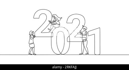 Durchgehende einzeilige Zeichnung eines Textes für das neue Jahr „2021“. Chinesisches Neujahrsfest des Stieres handgeschriebener 2021-Schriftzug mit Mann und Frau. Feiern Sie New Yea Stock Vektor
