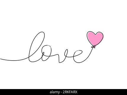 Love handwritten one line with pink balloon. Outline black text on white background. Calligraphy style single line lettering. Stock Vector