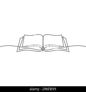 Opened book one line drawing banner. Continuous hand drawn minimalist minimalism design isolated on white background. Stock Vector