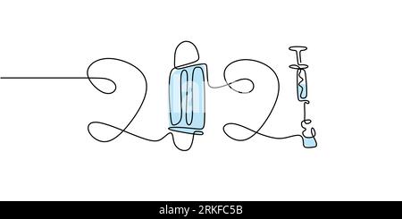 2021 Neujahrsbeschriftung mit Impfstoff- und Injektionssymbol. Durchgehender Text mit Linienzeichnung für die Gestaltung von Grußkarten. Stock Vektor