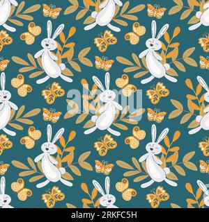 Cute bunnies with butterflies seamless pattern Stock Vektor