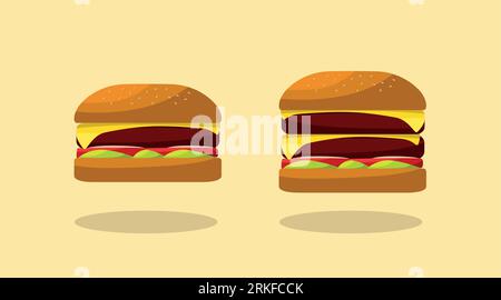 Köstlicher Single Burger mit Käse und Tomaten. Doppel- und Dreifach-Cheesburger. Stock Vektor