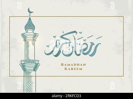 Ramadan Kareem greeting card with green mosque tower. Hand drawn sketch elegant design. arabic calligraphy means "Holly Ramadan" Stock Vektor