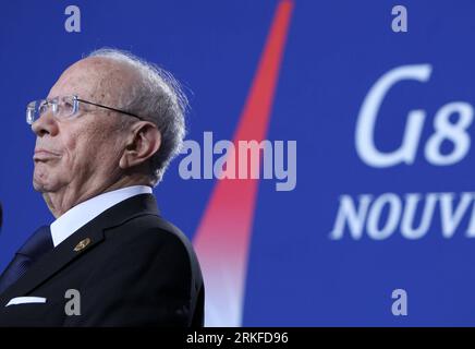 Bildnummer: 55402807  Datum: 27.05.2011  Copyright: imago/Xinhua DEAUVILLE , May 27, 2011 (Xinhua) -- Tunisia s interim Prime Minister Beji Caid Essebsi attends a press conference during the G8 summit in Deauville, France, May 27, 2011. The G-8 leaders discussed the Middle East and North Africa issues, as the political situation in those regions has become progressively volatile since the end of last year. (Xinhua/Gao Jing) (jy) DEAUVILLE-FRANCE-TUNISIA-CONFERENCE PUBLICATIONxNOTxINxCHN People Politik G8 G 8 Paris kbdig xdp premiumd 2011 quer o0 Übergang Übergangsregierung    Bildnummer 554028 Stock Photo