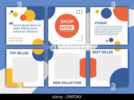 Set of social media post feed template designs. Summer clearance sale. Promotion fashion brand. Abstract pattern with pastel blue, yellow, orange and Stock Vektor