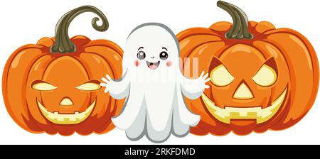 Two Halloween pumpkins jack o lantern and a cute ghost. A traditional character and accessory for the celebration of Halloween. Background for Stock Vector