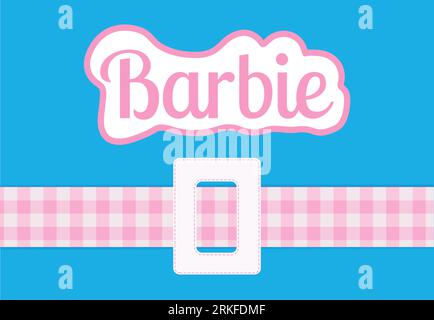 August 2023. Barbie Puppe. Barbie-Inschrift auf rosafarbenem Hintergrund mit Raster. Aufkleber. Editorial. Vektor Stock Vektor