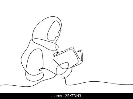 Continuous one line drawing of muslim woman reading book. minimalism style vector illustration. Stock Vector